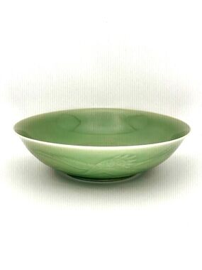Vintage Chinese Longquan Porcelain Celadon Green Crane Design Low Bowl